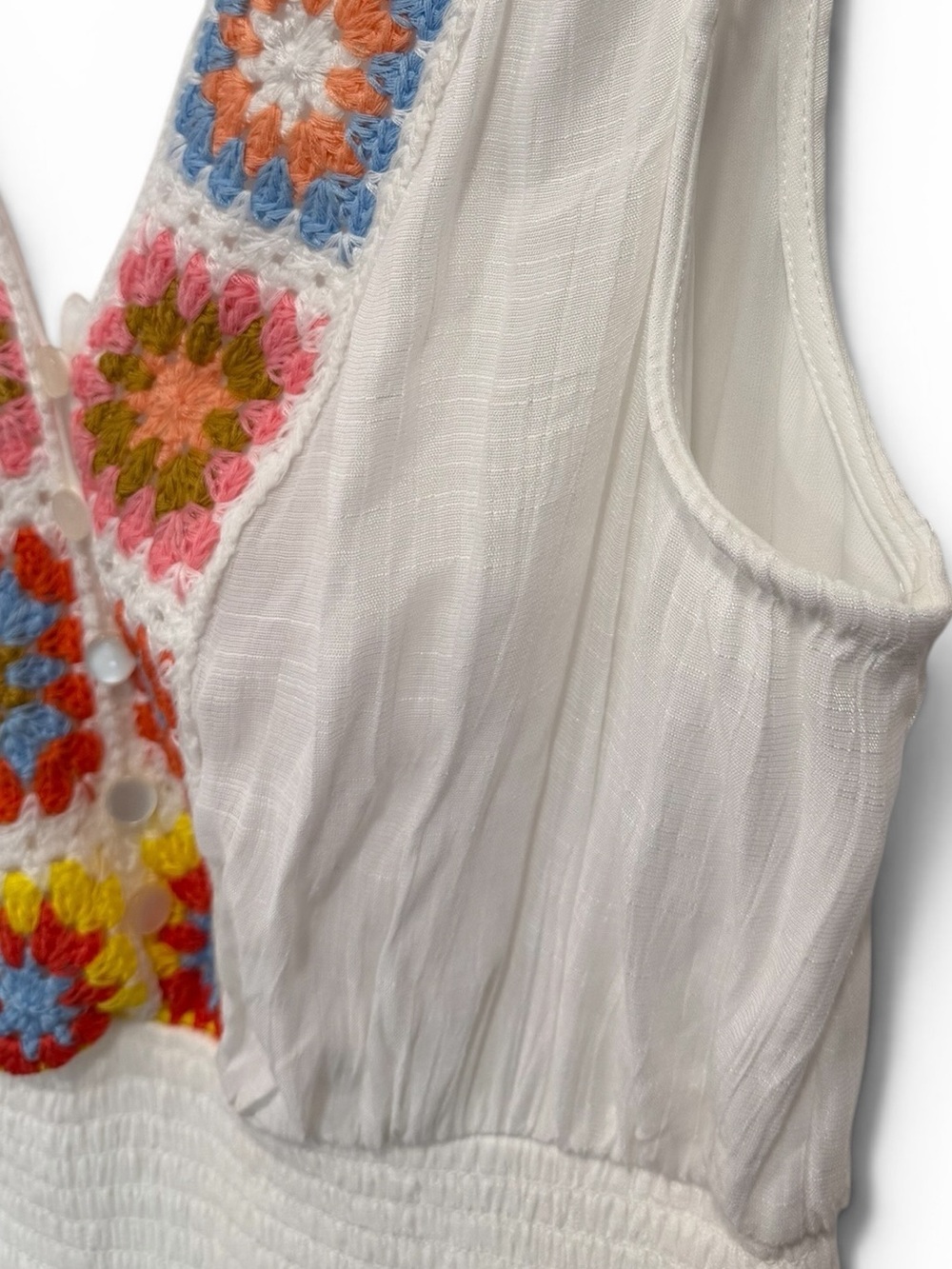 J Gee White Boho Tiered Maxi Dress with Colorful Granny Square Crochet Trim - Picture 6 of 10